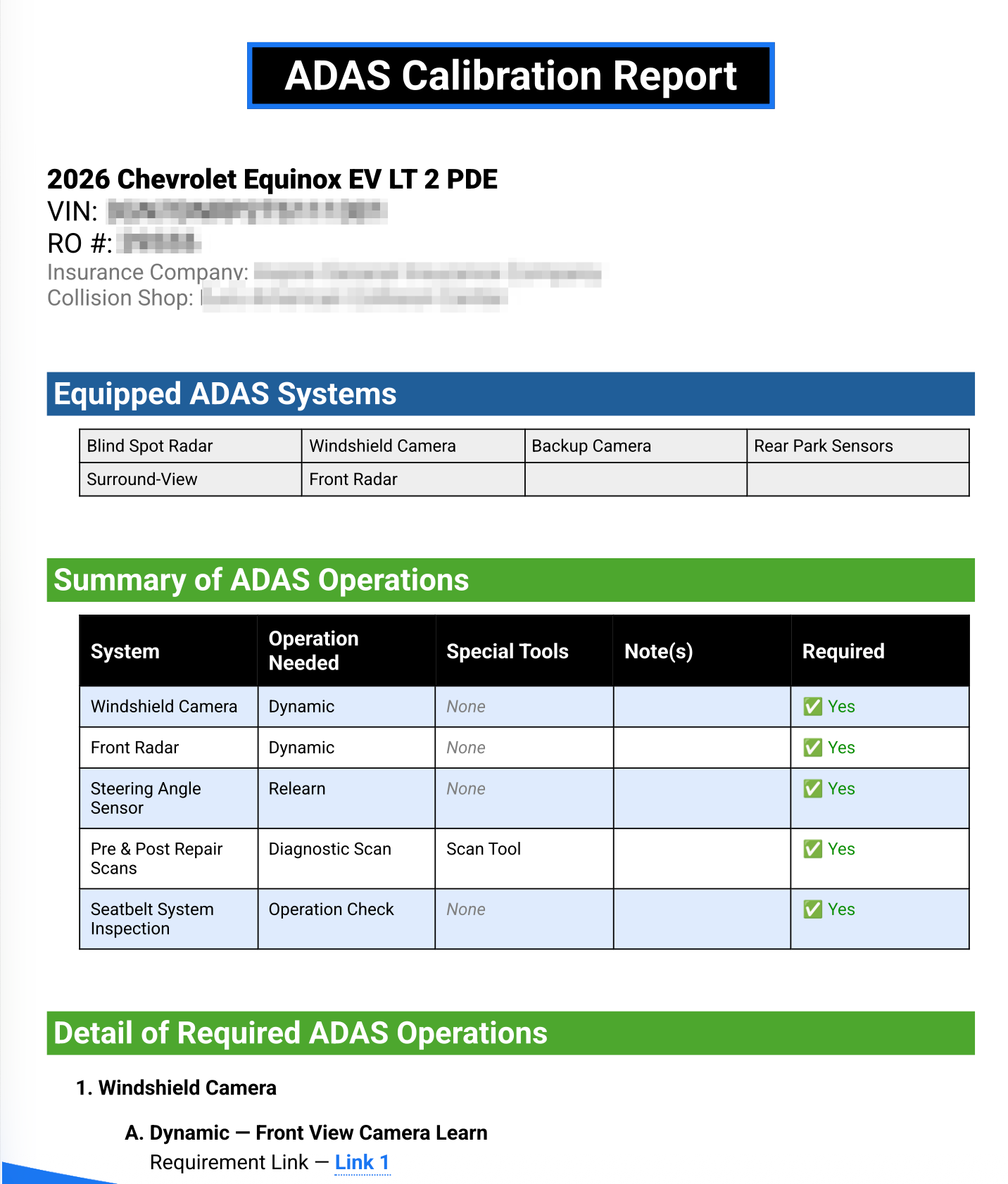 Sample ADAS Calibration Report showing equipped systems, summary of operations, and detail of required calibrations