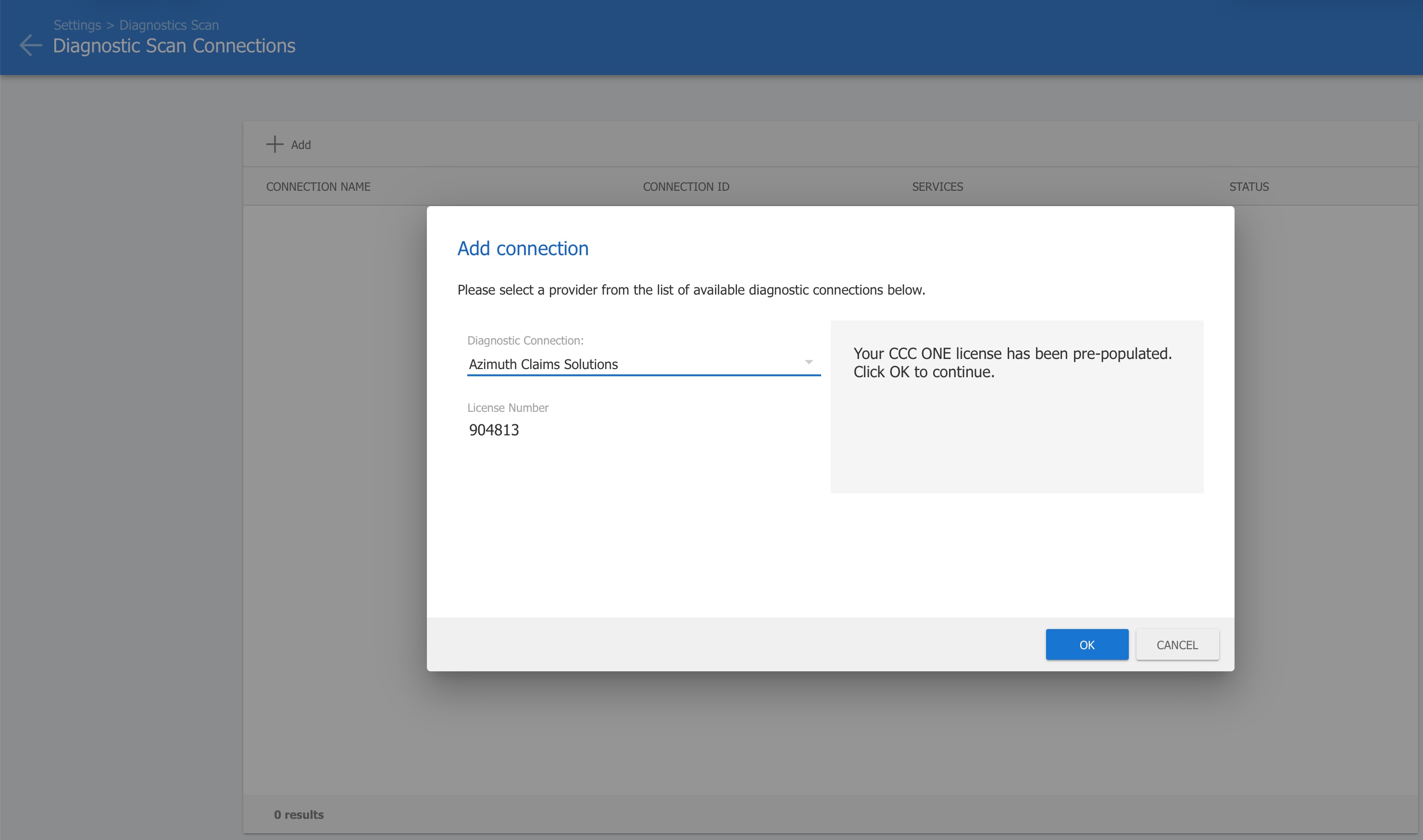 Add connection dialog with Azimuth Claims Solutions selected and the license number pre-populated