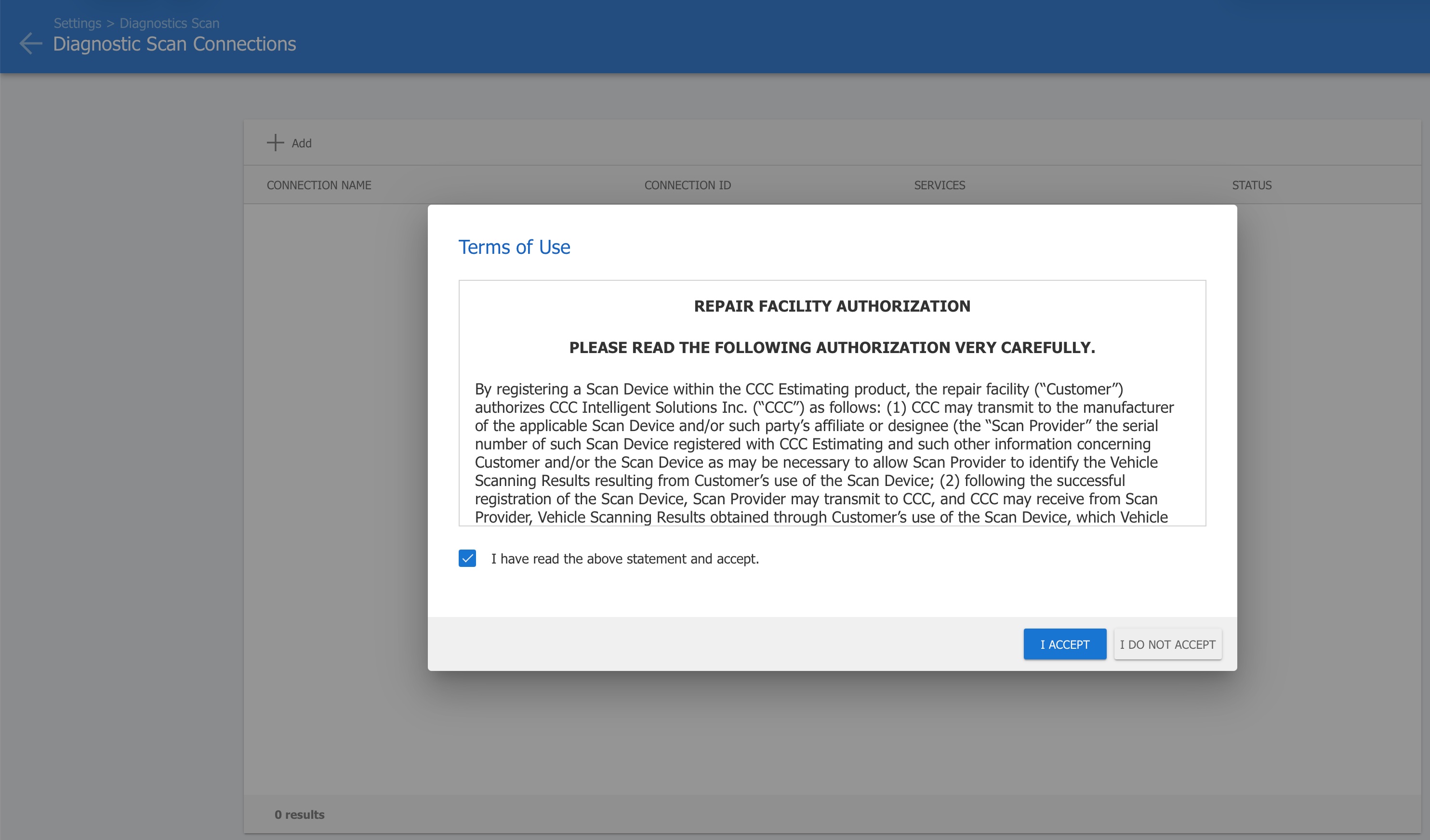 CCC Terms of Use dialog with the acceptance checkbox and I Accept button