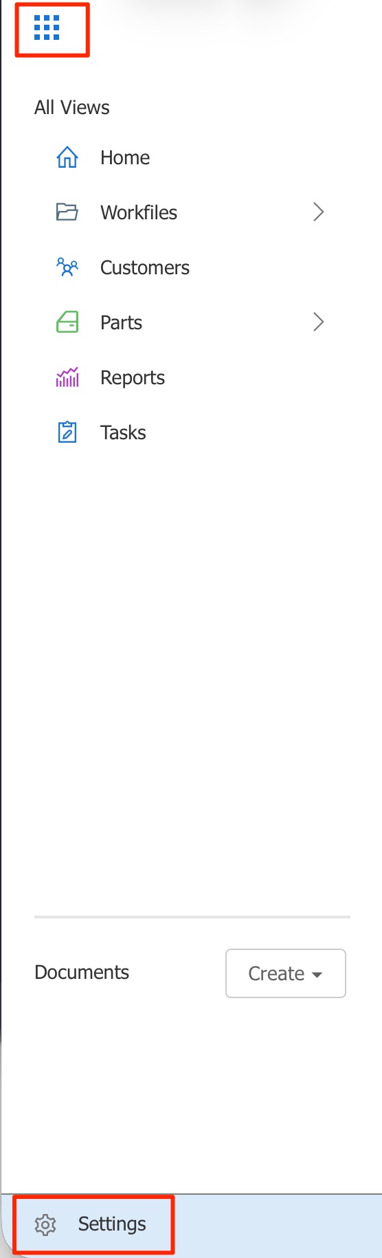 CCC ONE web menu with the Menu icon at the top and Settings at the bottom highlighted