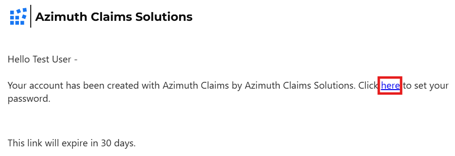 Sample welcome email from Azimuth Claims Solutions with link to set password